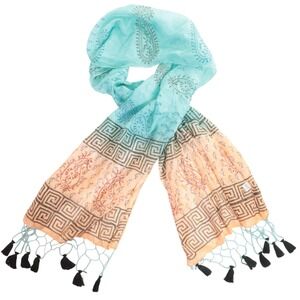 Sudha Scarf Paisley Greek Key Tassel Aqua Peach Silk Women OS